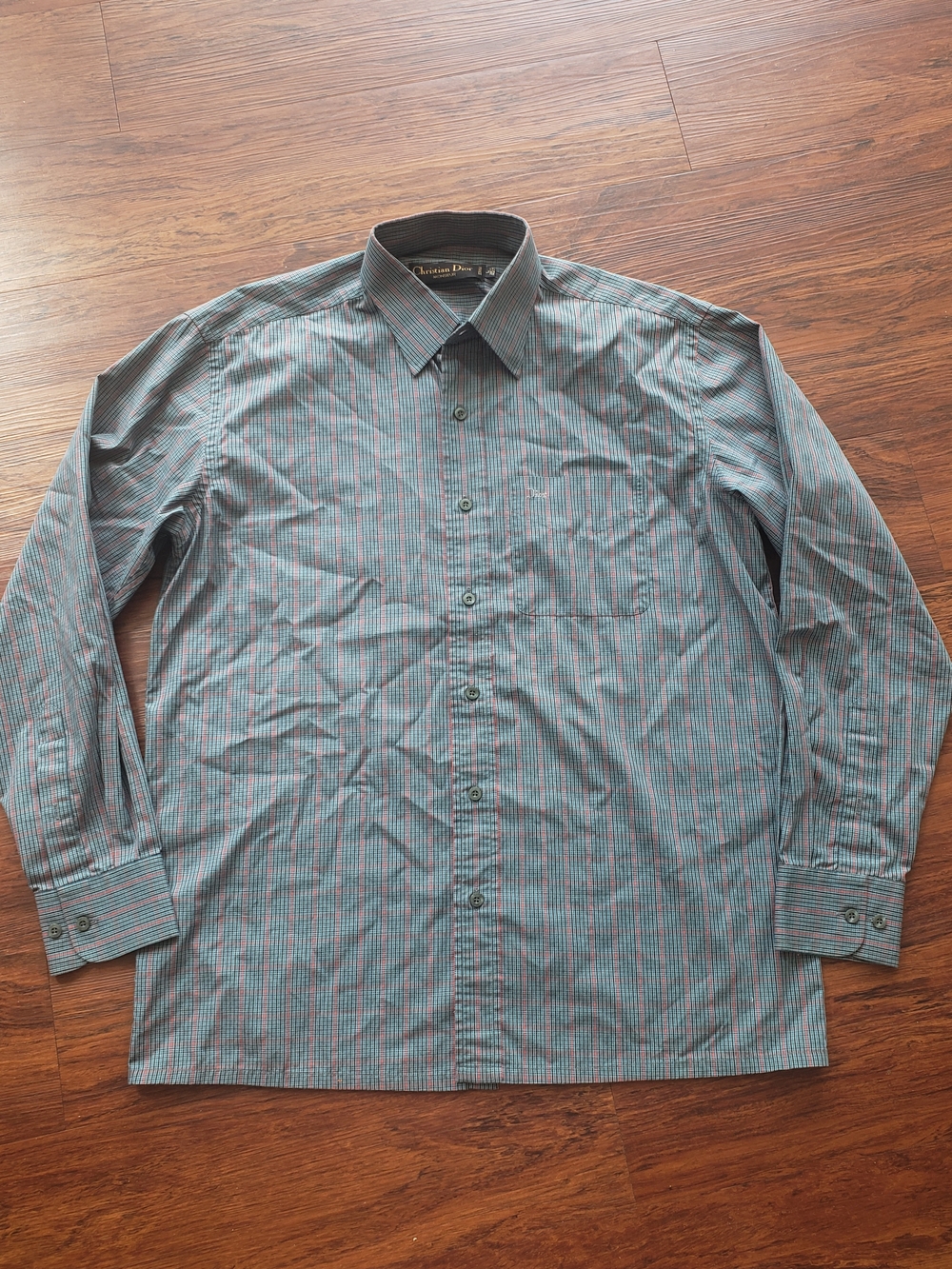 Christian DIOR Men's Green Plaid Dress Shirt Size L Vintage Designer Preppy